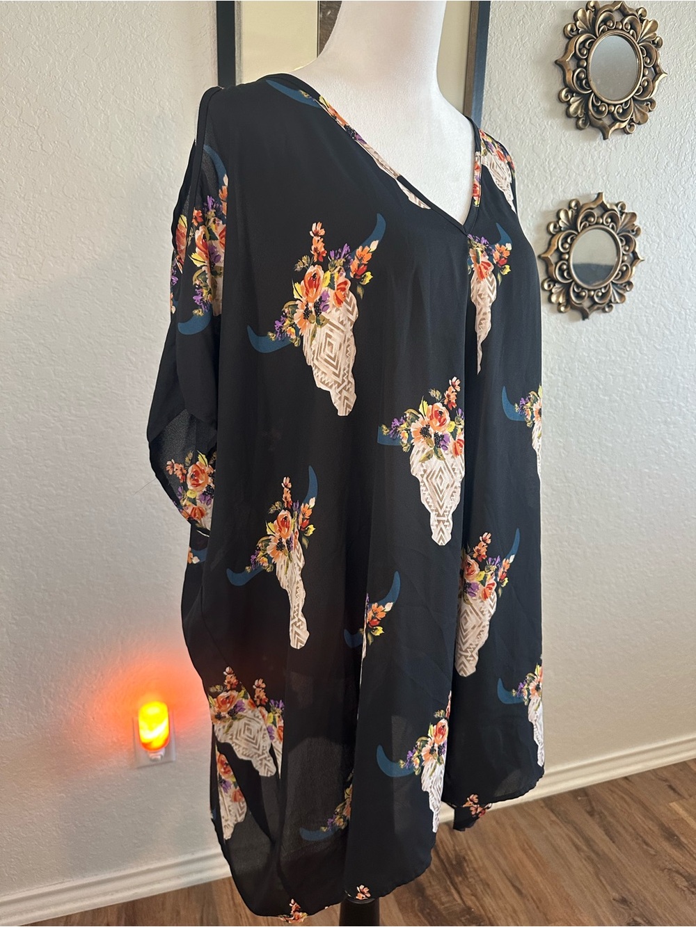 Peach Love California Bohemian Skull & Floral Cold Shoulder Tunic Dress